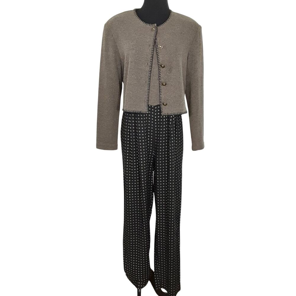 Vintage 80s Knit Wide Leg Jumpsuit Crop Sweater Set Button Up Retro Grandmacore